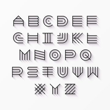 Thin line style, linear uppercase modern font, typeface, latin alphabet with shadow effect 