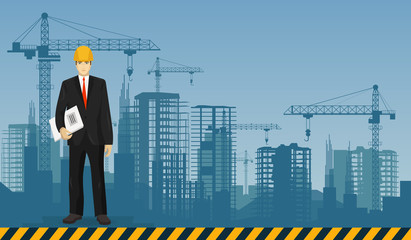 Poster - Builder man manager worker on the constructions buildings background. Construction and building professions
