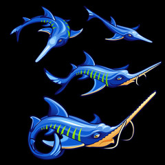 Wall Mural - Set of four blue swordfishes, cartoon characters