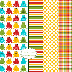 Wall Mural - Frog seamless pattern set. Repeating patterns for fabric, kids apparel, gift wrap, backgrounds, scrapbooking and more. Frog, stripe, polka dot and plaid prints. 