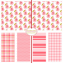 Wall Mural - Pear seamless pattern set. Repeating patterns for fabric, gift wrap, backgrounds, apparel and more. Pink, peach pear, plaid, polka dot, stripe and gingham plaid prints. Cute, sweet, pattern swatches.