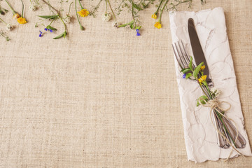 Wall Mural - Flower table setting copy space background, toning, selective fo