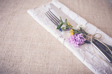 Wall Mural - Flower table setting copy space background, toning, selective fo