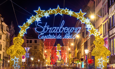 Canvas Print - Entrance to the city centre of Strasbourg on Christmas time