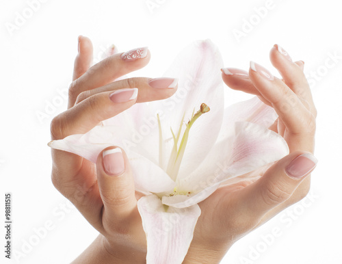 Fotografía Belleza delicadas manos con la flor de la celebración de manicura cerca lirio de