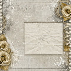 Canvas Print - Vintage background with beige roses, lace, ribbon, paper card