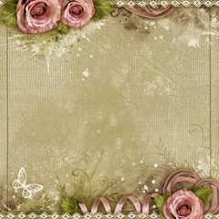 Sticker - Vintage background with purple roses, lace, ribbon