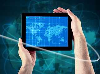 Sticker - Human holding tablet pc  with world map and network on screen