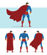 Rear view of superhero with red cape flowing in the wind. Below are 3 additional versions. No gradients used.