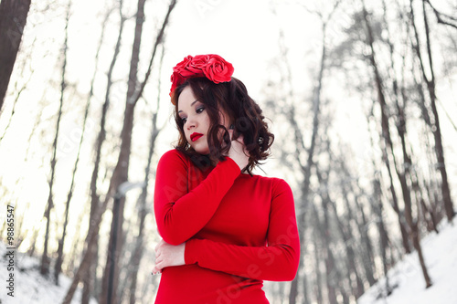 Fotografie, Obraz Snow white in red dress in winter forest