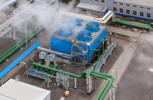 Industrial Blue Cooling Tower At A Chemical Plant.