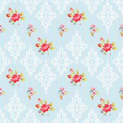 Seamless Pattern with red roses and damask elements