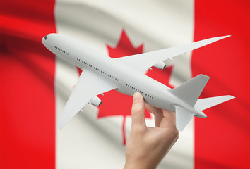 Wall Mural - Airplane in hand with flag on background - Canada