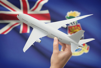 Wall Mural - Airplane in hand with flag on background - Cayman Islands