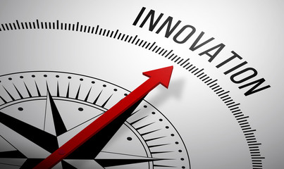 Poster - 3d rendering of a compass with a innovation icon.
