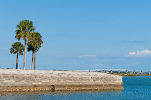Seawall, Palm Trees And Vilano Beach Bridge In St Augustine In Florida