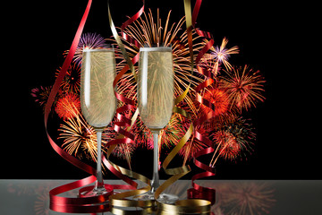 Wall Mural -  Glasses of champagne for celebrations with fire works backgroun