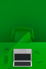 Poster - Office Workplace. Table with Office Supplies Laptop and Coffee C