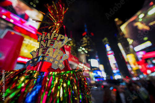 Happy New Year hat with colorful decoration in Times Square New York City Poster