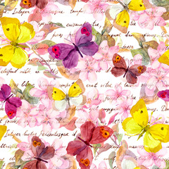 Wall Mural - Flowers, butterflies and hand written text letter. Watercolor. Seamless pattern