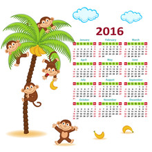 Calendar With Monkeys On Palm 2016 - Vector Illustration, Eps