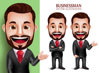 Wall Mural - 3D Realistic Professional Business Man Vector Character Smiling in Attractive Corporate Attire for Presentation Isolated in White Background. Set of Vector Illustration

