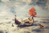 Fototapeta  - Young lonely beautiful woman drifting on a boat above clouds. Dreamy screensaver