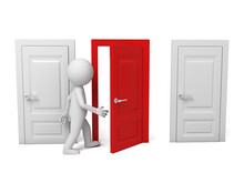 3d People Walking Into A Different Door. 3d Image. Isolated White Background