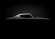 Vehicle Design Concept With Classic American Style Muscle Car Silhouette On Black Background. Vector Illustration.