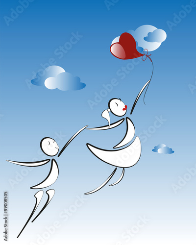 Cuadros en Lienzo lover boy and girl with red heart balloon
