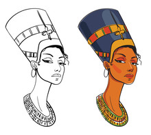 Nefertiti. Vector Illustration. Isolated On White Background. Color And Black And White Image