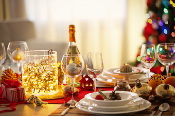 Wall Mural - Christmas table setting on light room background