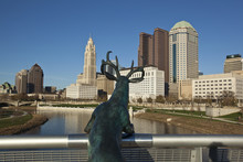 COLUMBUS, OHIO - OCTOBER 25, 2015:  The Iconic Deer Statue Stands On The Rich Street Bridge Gazing At The City Of Columbus.
