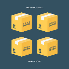 Poster - Boxes icons set. Packed boxes. Carton package box icons. Free delivery, express delivery, same day delivery, next day delivery. Vector illustration.