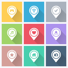 Poster - Set of color pointers and markers for map and plan with icons on color background with long shadow. Vector illustration.
