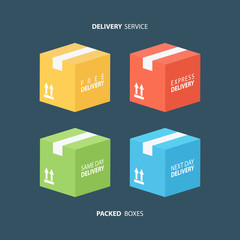 Poster - Boxes icons set. Color packed boxes. Carton package box icons. Free delivery, express delivery, same day delivery, next day delivery. Vector illustration.