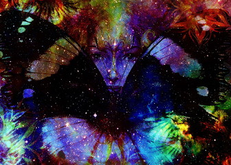 Poster - Beautiful Painting Goddess Woman with ornamental mandala and butterfly. Color space background and stars.