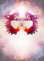 Poster - Beautiful Painting Goddess Woman with bird phoenix on your face with ornamental mandala and butterfly wings and color abstract background  and eye contact, copy space.