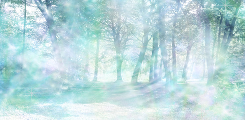 Wall Mural - Magical Spiritual Woodland Energy Background - Misty pastel blue green colored woodland scene with random streams of gentle sparkling light