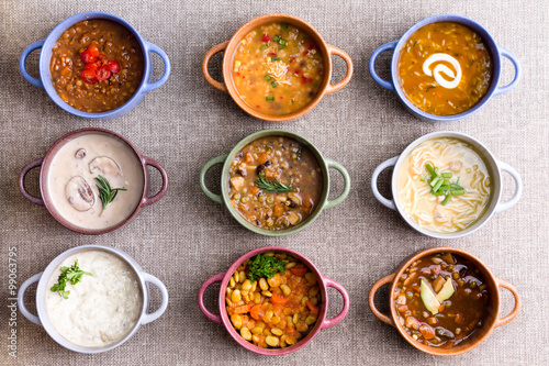 Cuadros en Lienzo Assorted soups from worldwide cuisines