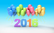 Group of colorful balloons with 2016 on white floor and blue background