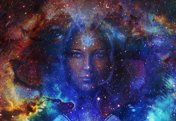 Fototapete - Beautiful Painting Goddess Woman and  Color space background with stars.