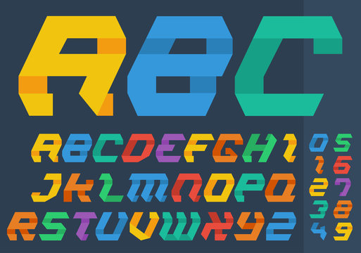 Abstract Flat folded paper style colourful alphabet letters and numbers. Vector illustration.