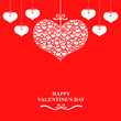 Valentines day with hearts hanging on ribbons on red background