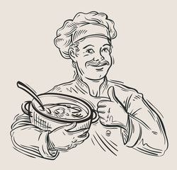 hand drawn happy chef with pan in hand. vector illustration