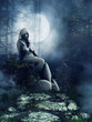 Posąg kobiety i bagrobek w ciemnym ogrodzie nocą