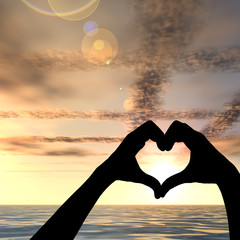 Wall Mural - Concept heart shape or symbol made of human or woman and man hand silhouette over a sky and sea