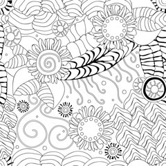  stock vector seamless doodle wave pattern. black and white