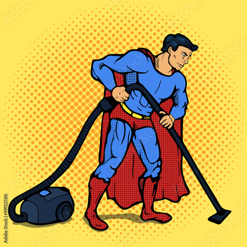 Fototapeta na wymiar Superhero man with vacuum cleaner pop art vector