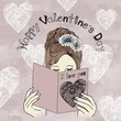 Happy Valentine's Day - hand drawn girl reading Valentine's card